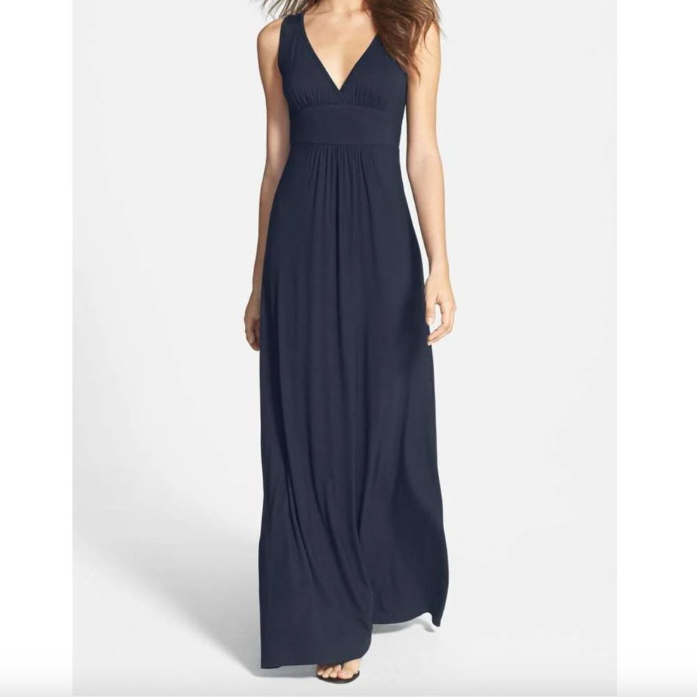 Loveappella V-Neck Jersey Maxi Dress - in Midnight Blue